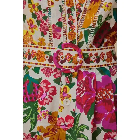 FARM RIO Romper XL Floral Off-White Flowerful Sketch Belted NEW - Picture 6 of 16